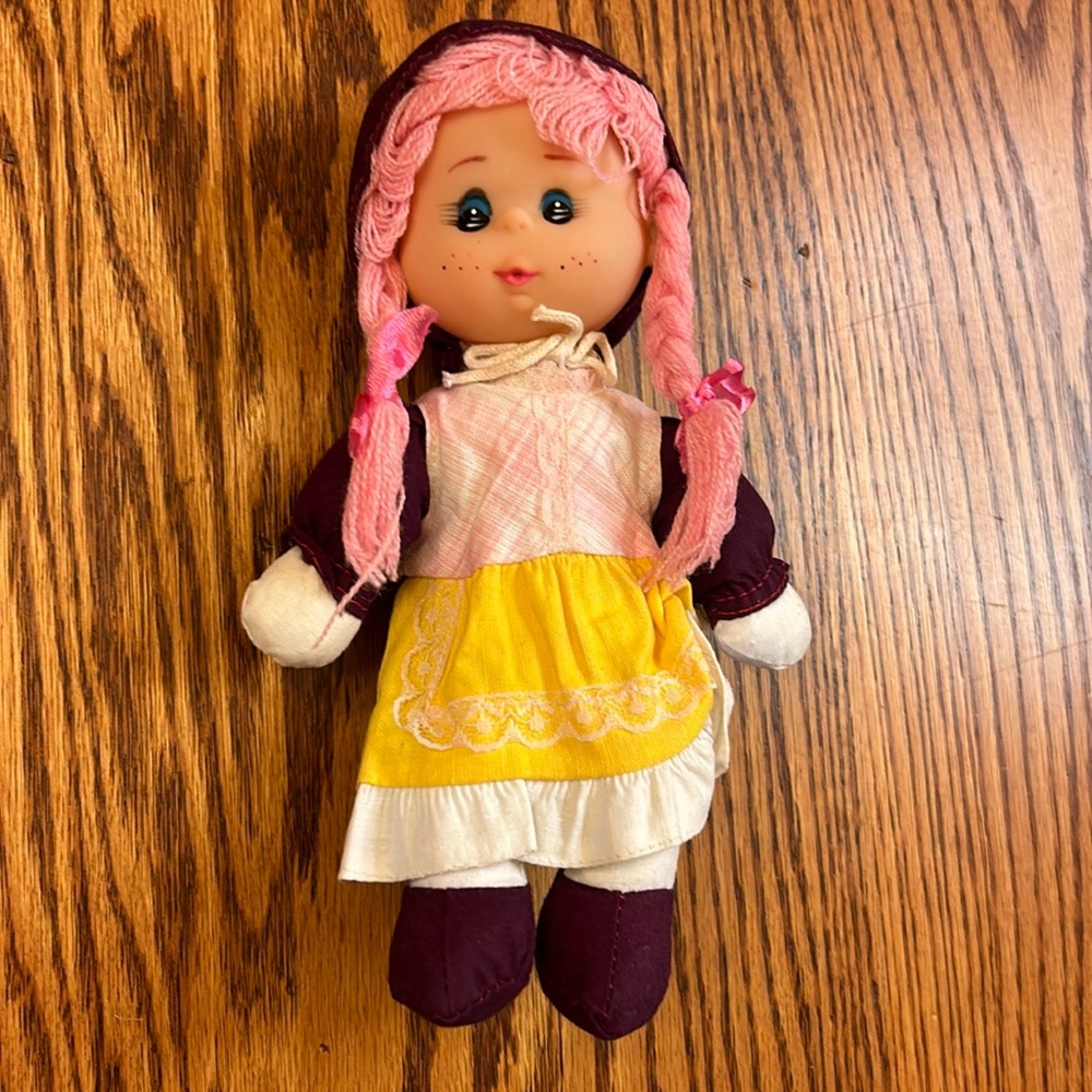 New Vintage 1980s Handcrafted Alegria by PMI 9” Soft Body Doll with Pink Hair